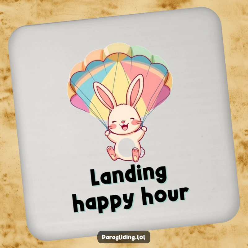 Funny coaster: A cheerful bunny joyfully dangling from a colorful parachute. Protects furniture with whimsical humor.