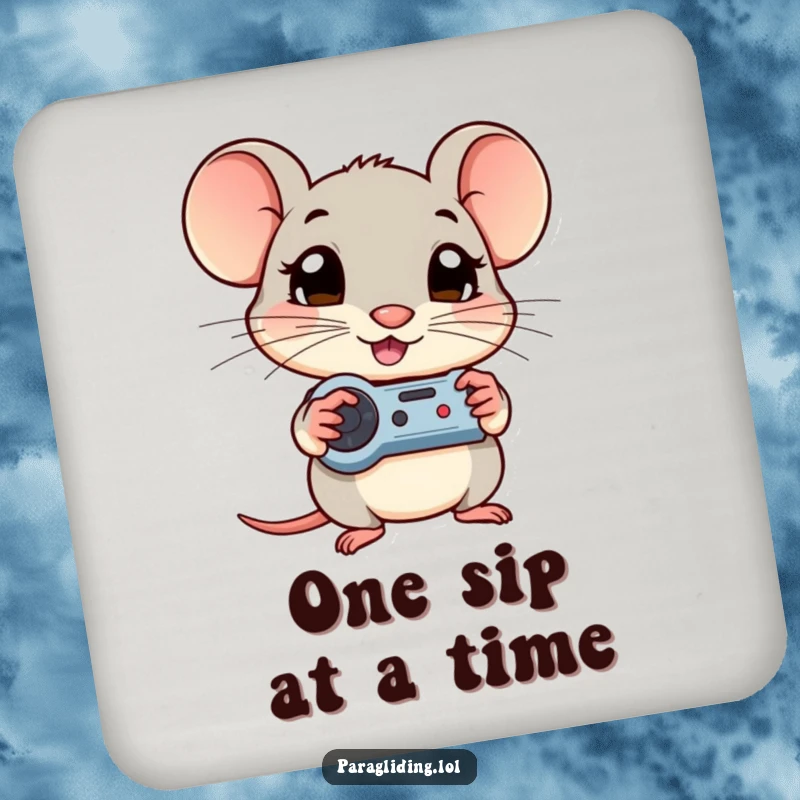 Funny drink coaster featuring a shy mouse with wide, curious eyes, clutching game controls, adding gamer flair.