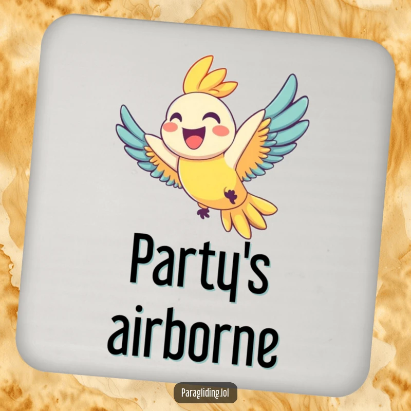 Funny drink coasters with a joyful parrot grinning widely as it soars, adding cheerful protection to any table, perfect funny gift set.