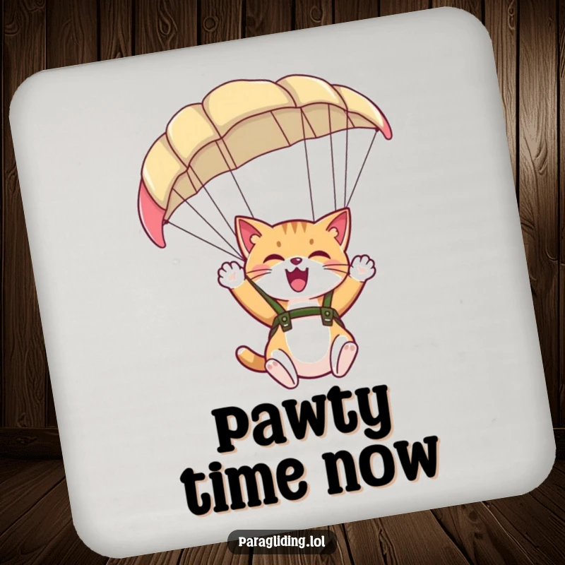 Funny drink coaster showcasing a giggling cat paragliding, protecting furniture with a joyful theme.