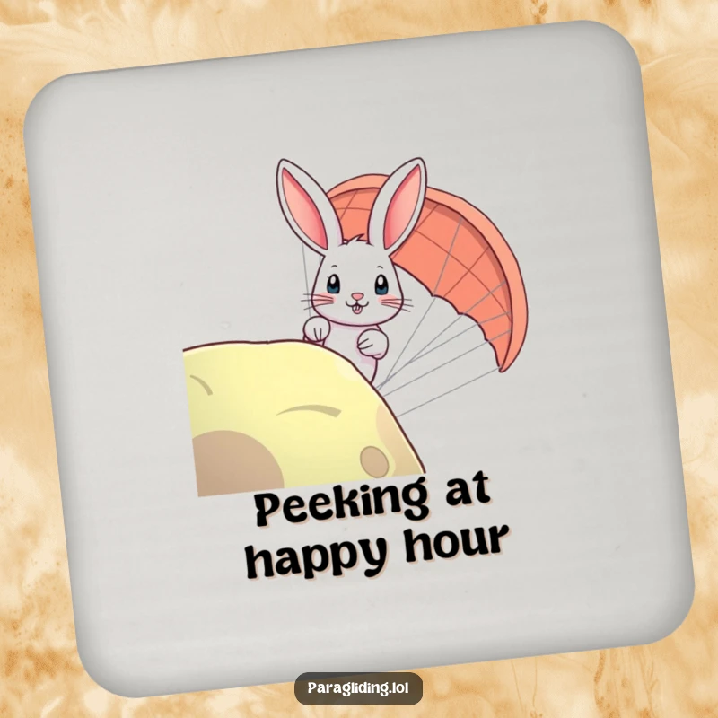 Funny rabbit paraglider coaster featuring a curious bunny peeking, a humorous and practical addition to any table setting.