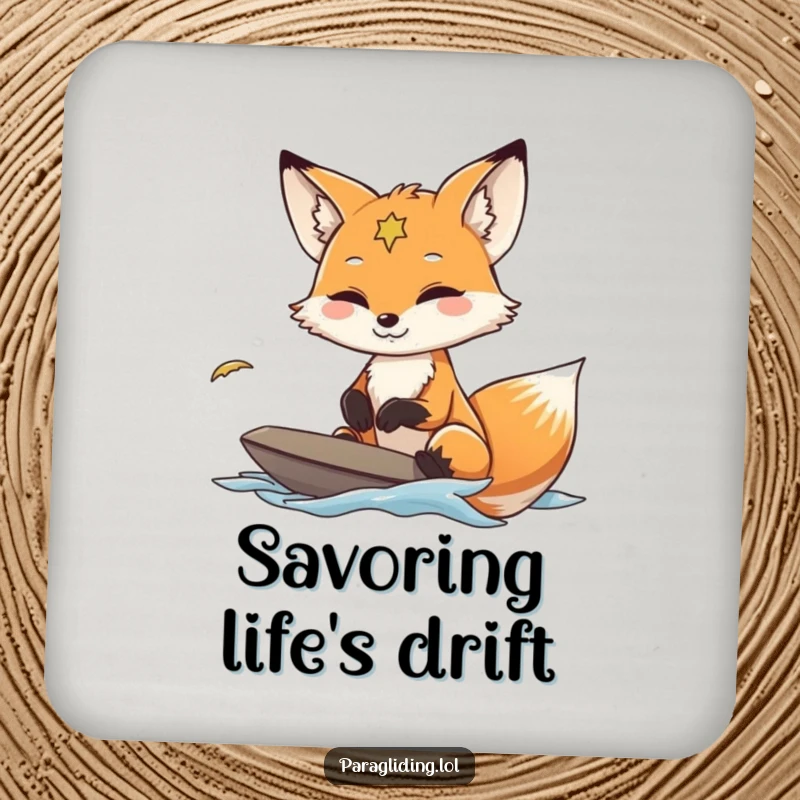 Funny Fox Paraglider Coaster featuring a fox navigating wind currents with a calm smile, offering stylish drink protection.