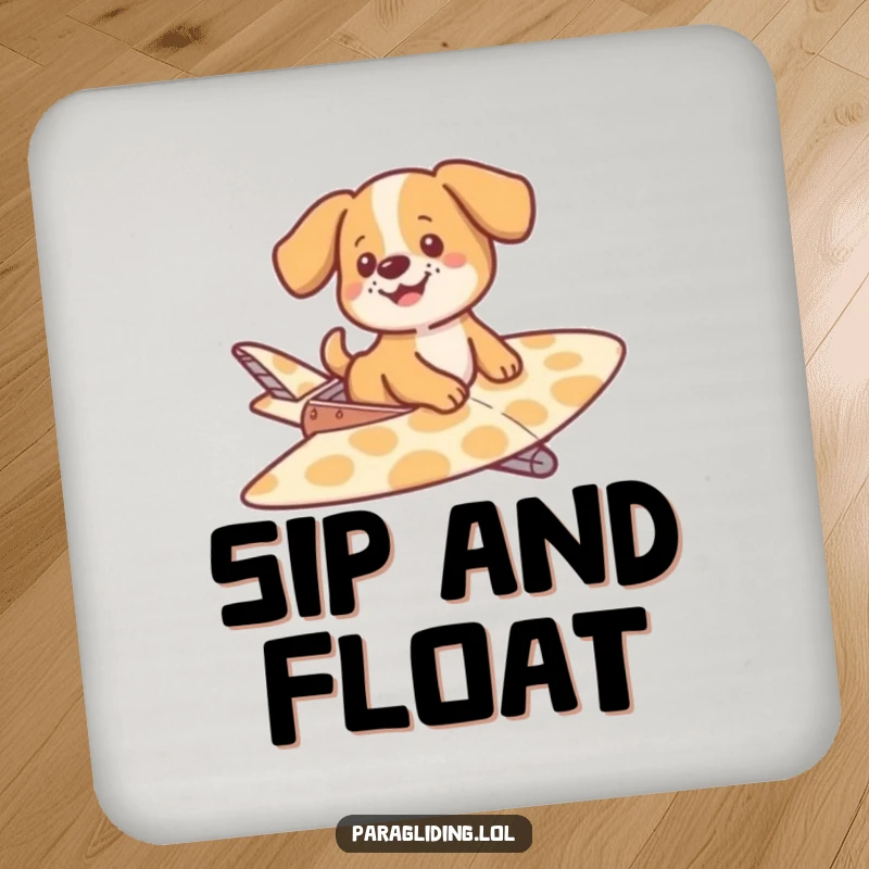 Funny drink coaster depicting a happy dog gently gliding on a patterned glider, adding a whimsical and protective touch to any surface.