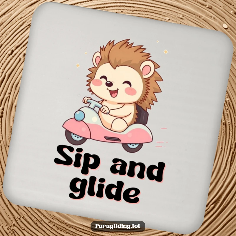 Funny drink coasters depicting a happy hedgehog character enjoying a breezy ride, protecting surfaces with cheerful charm.