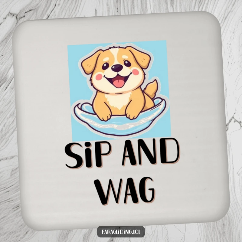 Funny floating dog coaster, showing a beaming dog floating serenely, protecting surfaces with tranquility.