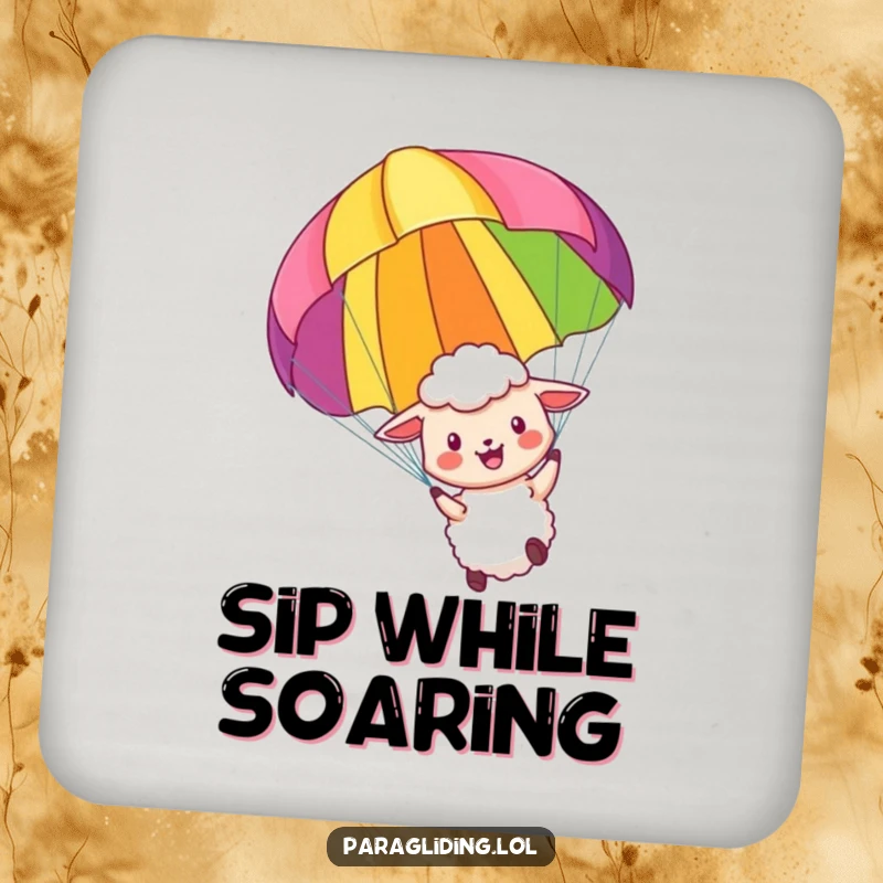Funny drink coaster featuring a little sheep paragliding with a colorful parachute, offering humorous surface protection and a cheerful vibe.