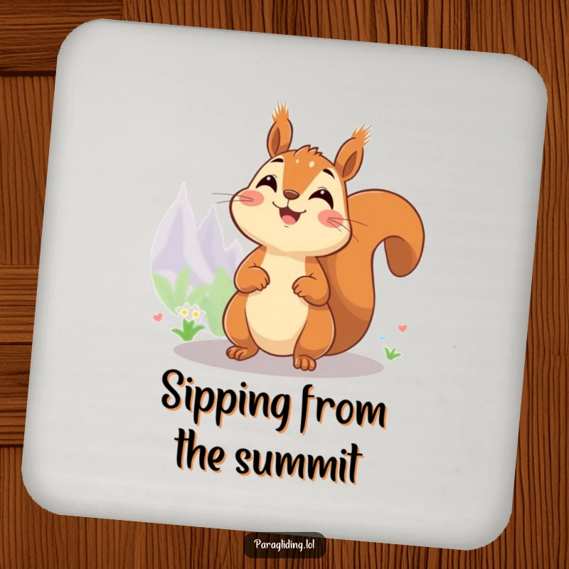 Funny coaster with a cheerful squirrel enjoying a high-up view, adding humor to surfaces.