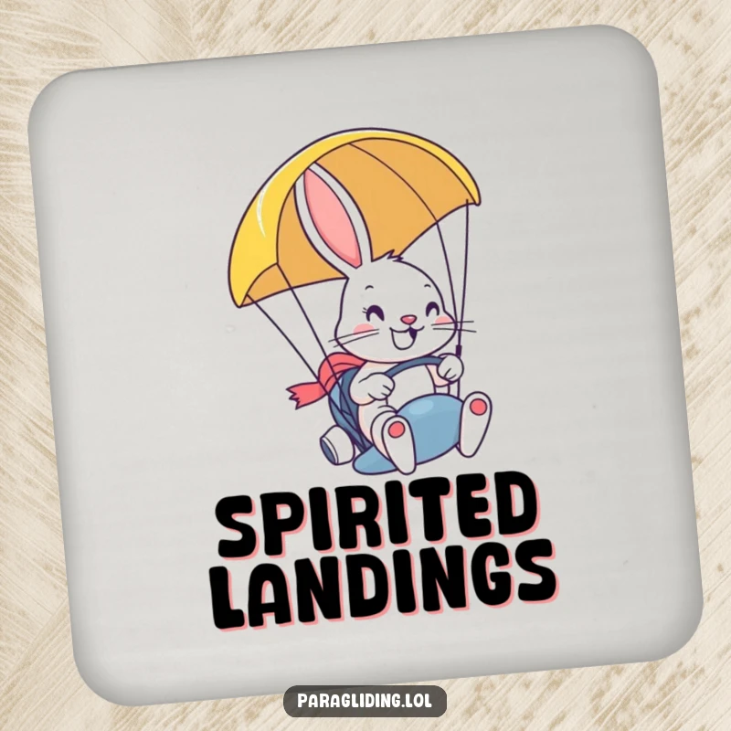 Funny coaster set depicting a determined, smiling bunny steering a paraglider with a grin, adding a touch of adventurous whimsy to any tabletop.