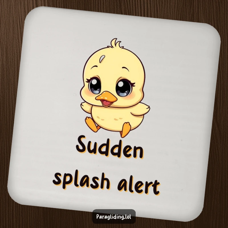 Funny drink coasters depicting a wobbly duckling character with wide surprise eyes, drifting downwards, protecting surfaces with charm.