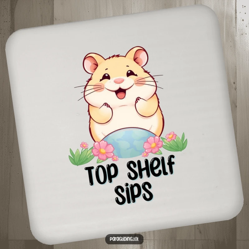 Funny drink coaster featuring a smiling hamster looking down at the world, offering protection with a humorously elevated design.
