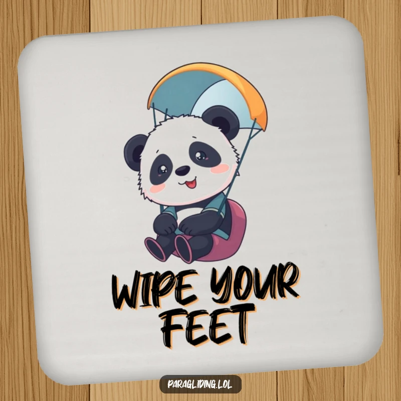 Funny drink coaster with a cute panda cub paragliding, looking a bit overwhelmed but happy. Protects furniture with humor. Gift.