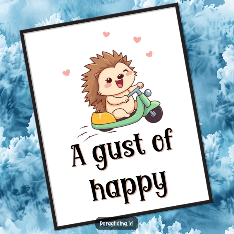 Funny poster of a content hedgehog delightedly riding a breeze, creating a joyful and heartwarming visual for any wall.