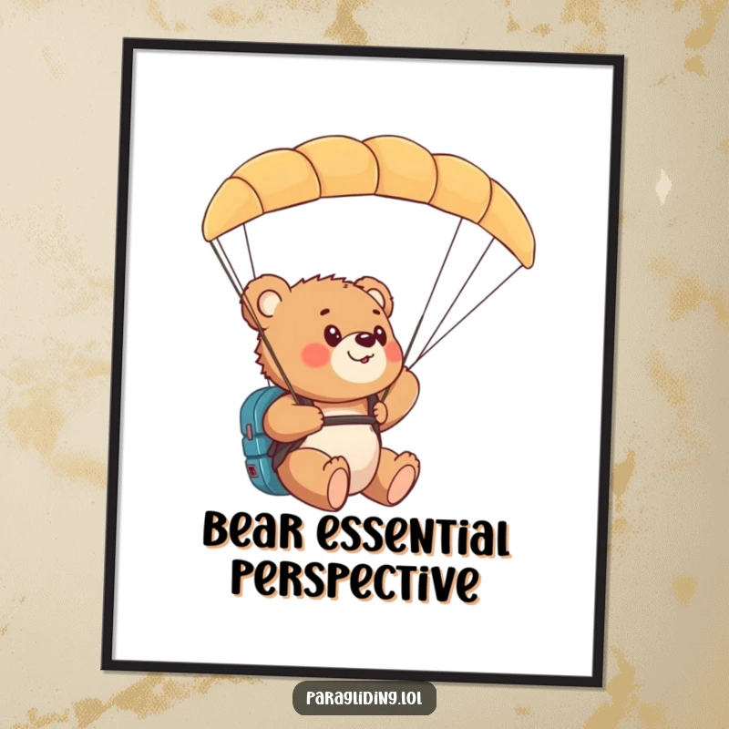 Funny bear cub paragliding poster, a curious cub amazed by the expansive view from its paraglider.