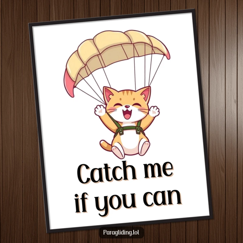 Funny poster art of a giggling cat waving from a paraglider, adding joyful adventure to wall decor.
