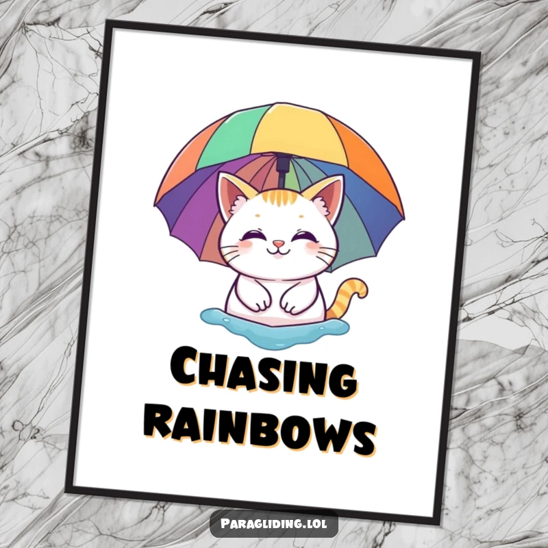 Funny poster: A smiling cat peacefully floating under a vibrant rainbow umbrella. Whimsical, serene, and humorous wall art.
