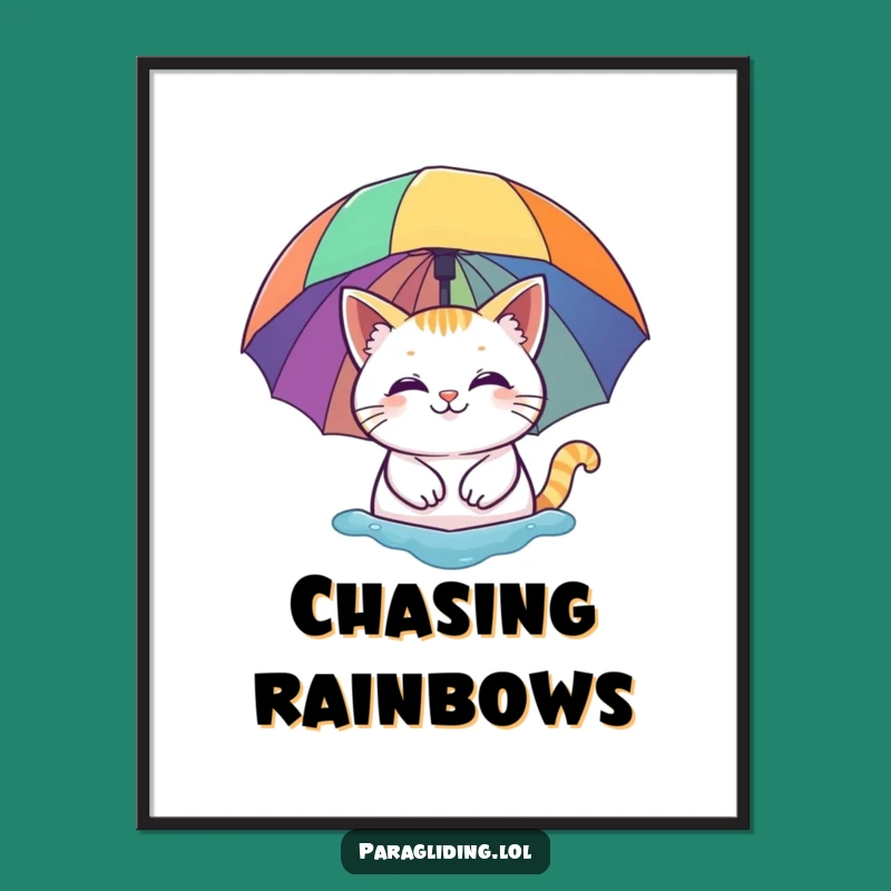 Funny Cat Rainbow Umbrella Poster - Whimsical Cartoon Wall Art for a Peaceful Vibe