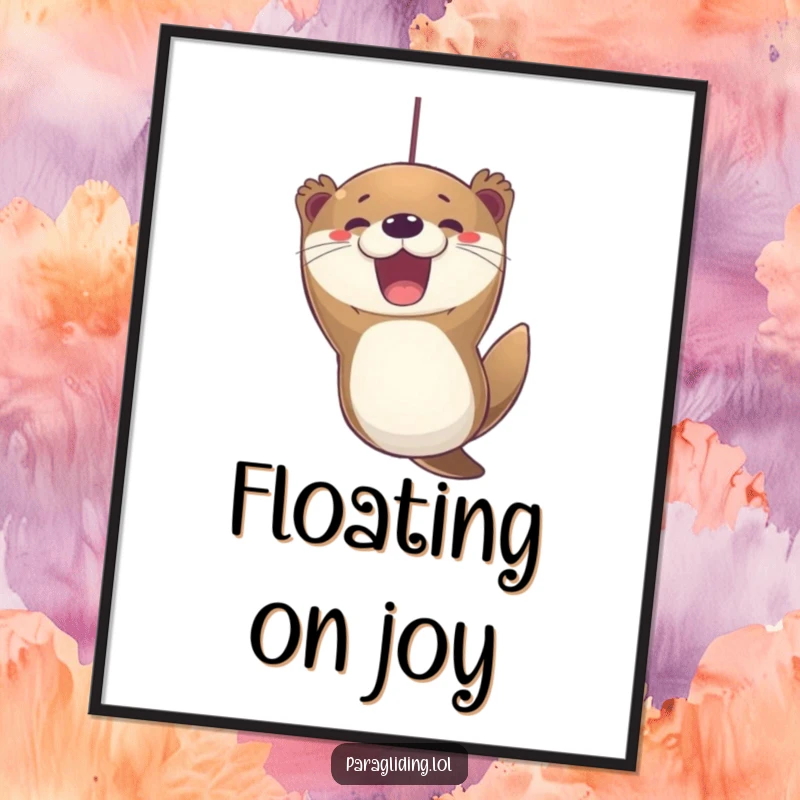 Funny otter paragliding poster, an excited otter with a huge joyful expression, suspended mid-flight, bringing cheer.