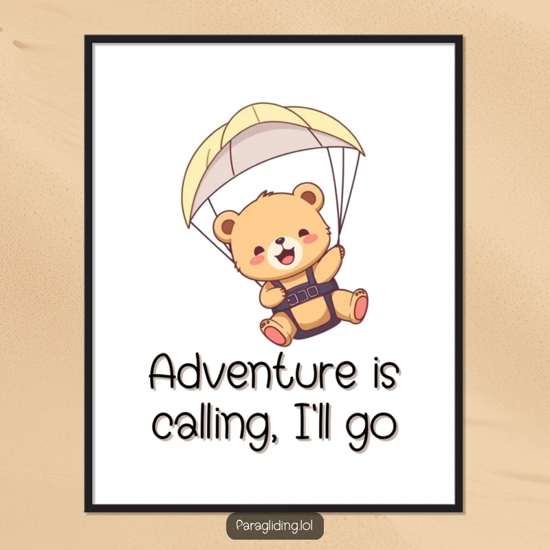 Funny bear cub paraglider poster, illustrating a cub's ecstatic flight, bringing a humorous and uplifting vibe to any space.