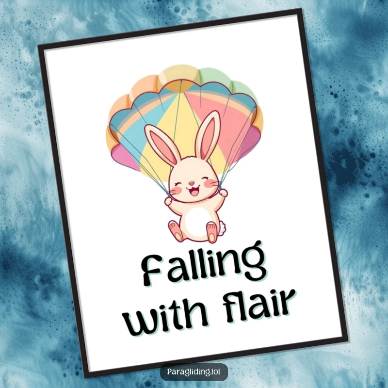 Funny poster: A cheerful bunny joyfully dangling from a colorful parachute. Exciting, whimsical, and humorous wall art.