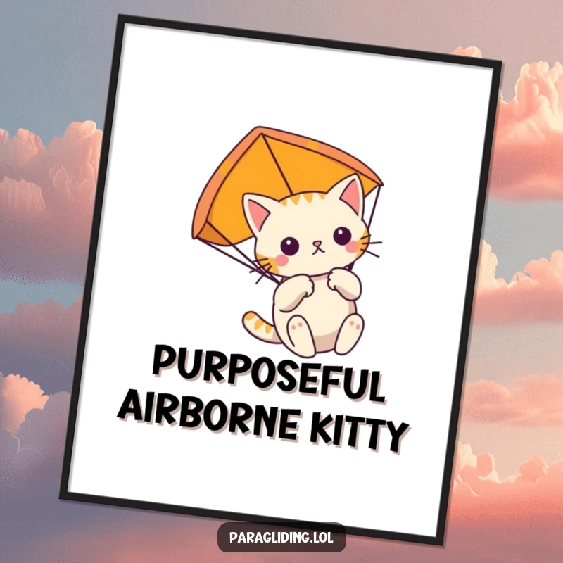 Funny determined cat floats gently, clutching its paraglider, a focused art print for admirers of quiet strength.
