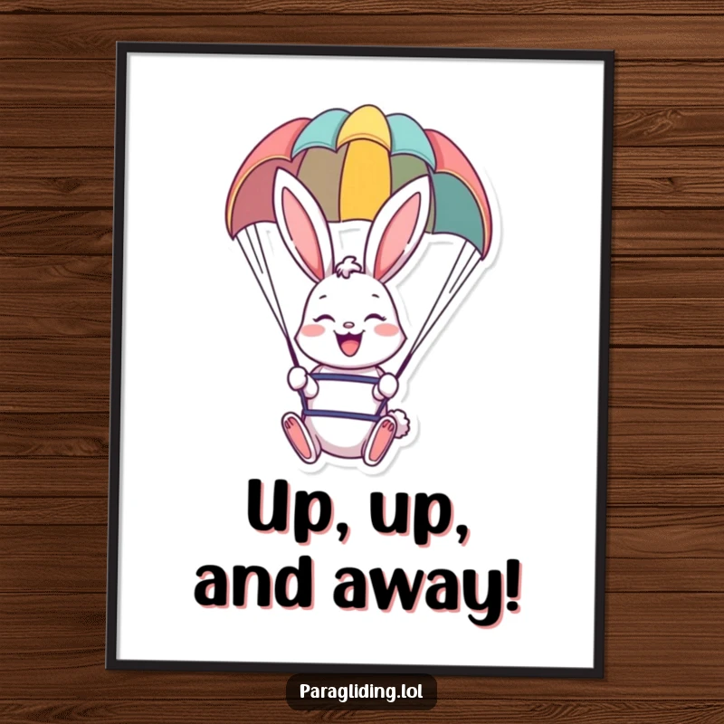 Funny poster art of a cheerful bunny paragliding, adding whimsical adventure and happiness to wall decor.