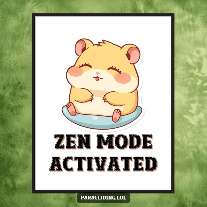 Funny poster vividly depicting a hamster gliding peacefully with eyes closed, a humorous and calming piece of art.