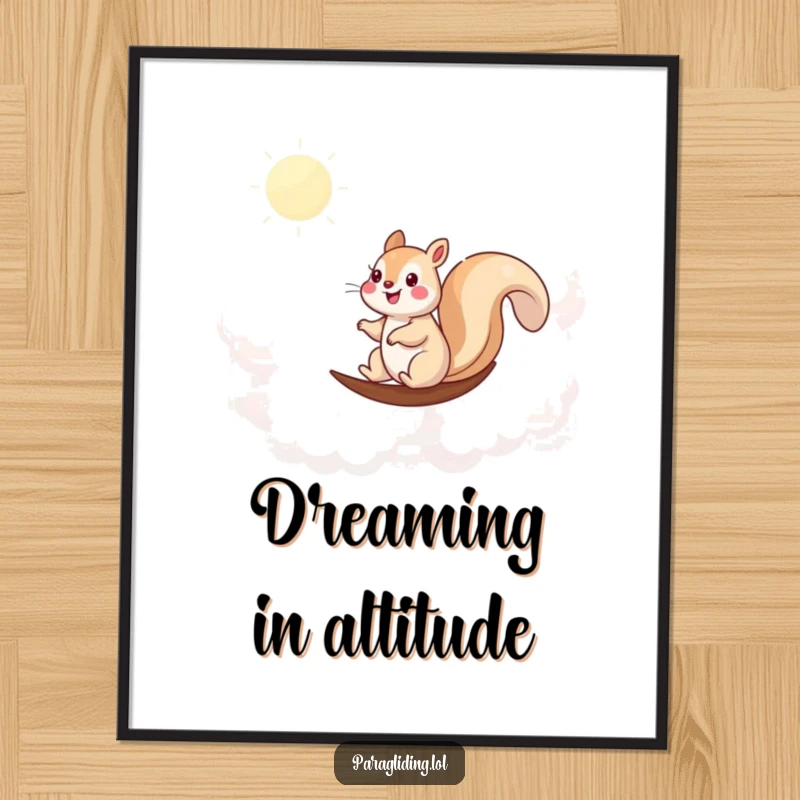 Funny poster showing a happy squirrel sailing effortlessly through a sky filled with soft, white clouds.