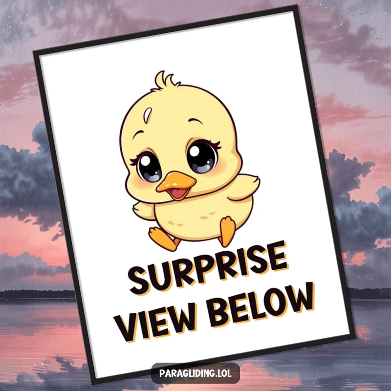 Funny poster art of a wobbly duckling with wide, surprised eyes, gracefully drifting downwards, adding a touch of whimsy.