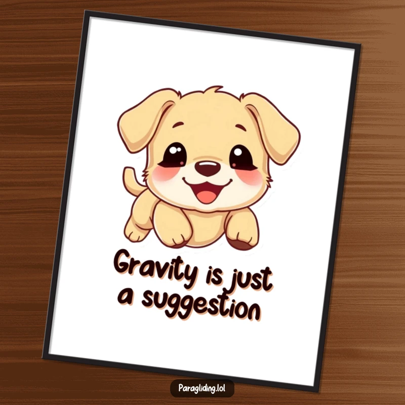 Funny puppy poster, smiling puppy drifting gently downward on a cloud, whimsical wall art, cute pet illustration.