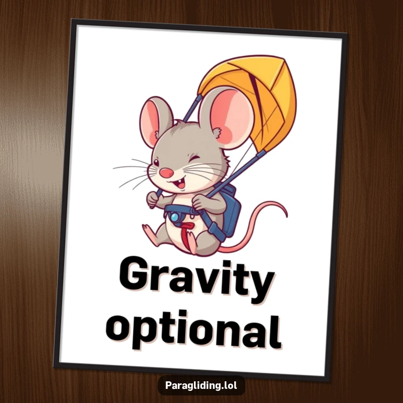Funny paraglider mouse poster: a brave mouse gripping paraglider handles, depicted in a dynamic poster for wall decor.