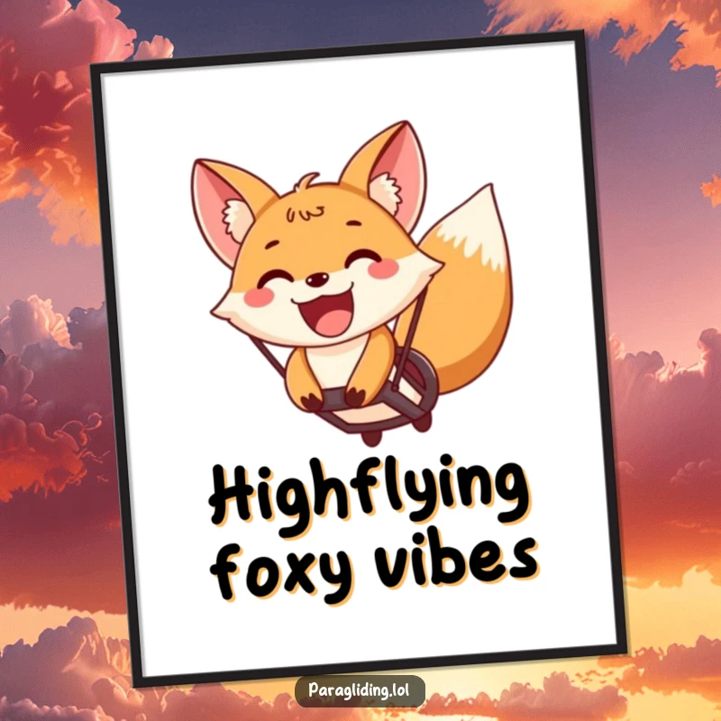 Funny fox paragliding with a wide, excited grin, a vibrant poster capturing the pure exhilaration of airborne adventure.