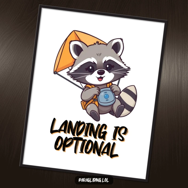 Funny mischievous raccoon playfully tugging on paraglider controls, mid-air, as a wall poster, a dynamic funny gift.