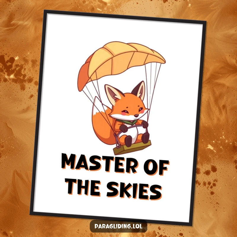Funny determined fox poster, depicting a fox concentrating intensely while steering a paraglider, inspiring focus.