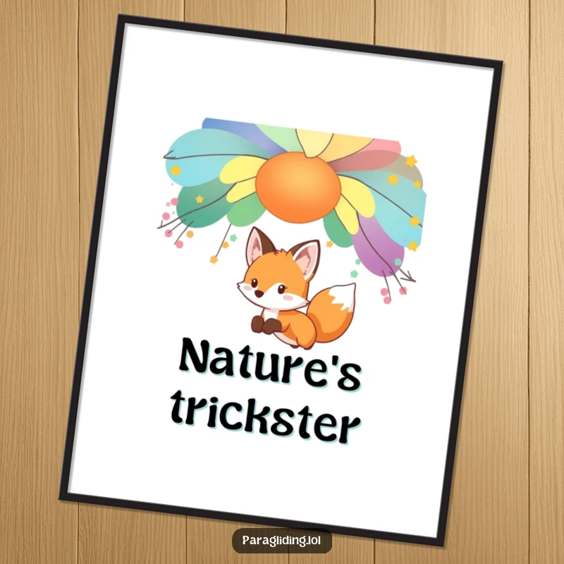 Funny curious fox, depicted gliding under a colorful canopy, on a beautiful poster, an excellent funny gift.
