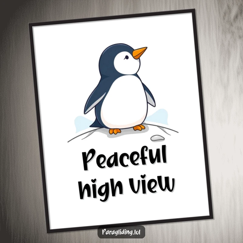 Funny penguin poster, a calm penguin observing scenery from a paraglider, ideal for tranquil decor.