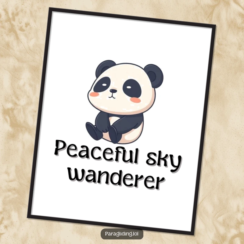 Funny shy panda poster, depicting a shy panda calmly drifting through the sky, bringing a sense of peace.