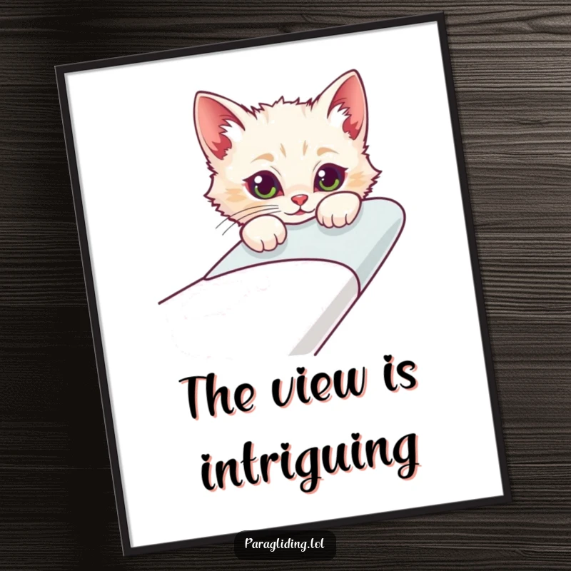 Funny poster art of a curious cat character peeking over the edge of a glider, evoking mischief and a sense of adventure.