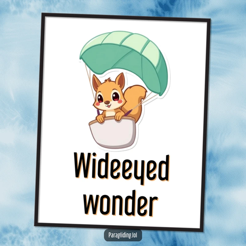 Funny squirrel poster, a startled squirrel peeking from a paraglider, ideal for humorous wall decor.
