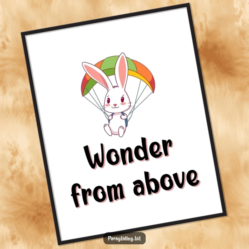 Funny curious rabbit looks down from a colorful paraglider, a vibrant poster capturing the wonder of airborne exploration.