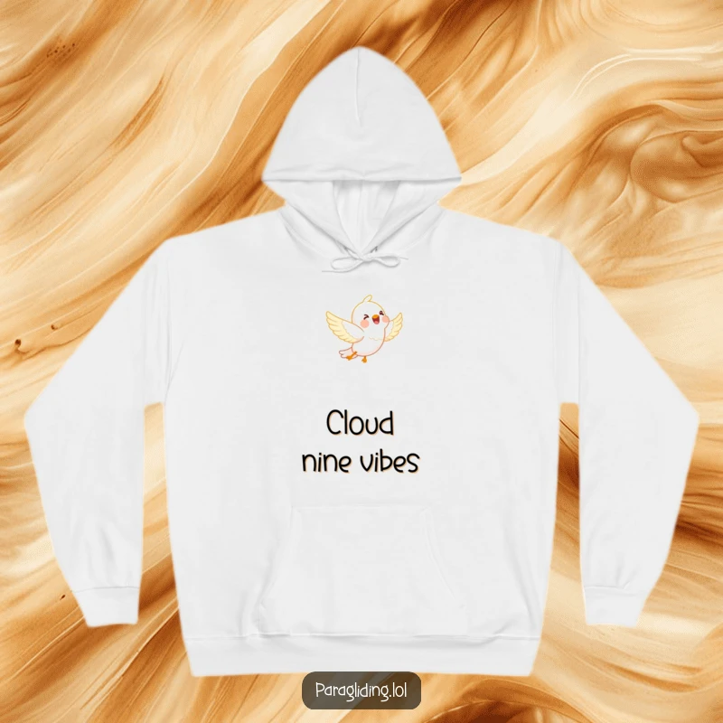 Funny hoodie: A joyful bird soaring effortlessly through soft, white clouds. Cozy, warm, and full of whimsical happiness.