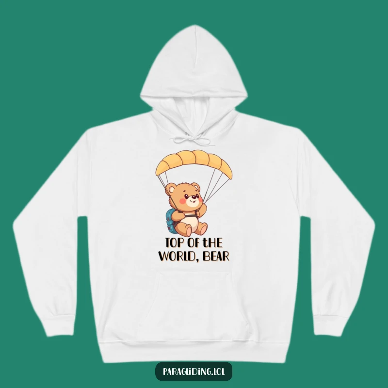 Cozy Funny Bear Cub Paragliding Hoodie: Adventure and Awe for Your Wardrobe