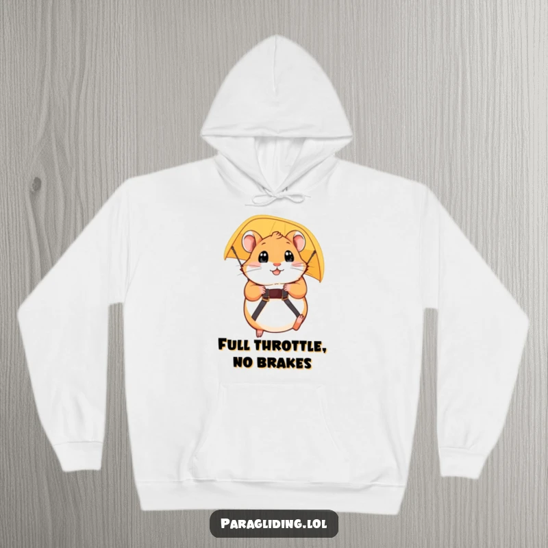 Funny hoodie depicting a plump hamster holding tightly to a paraglider strap, eyes wide during a thrilling aerial escapade. Gift.