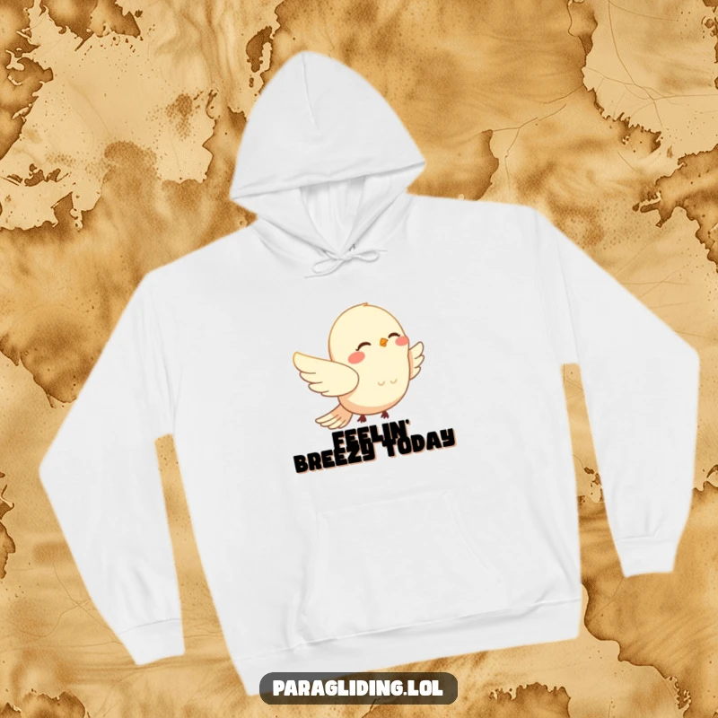 Funny smiling bird peacefully drifting on wind currents on a cozy hoodie. A serene and comfortable funny gift for relaxation.