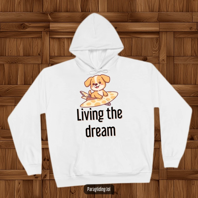 Funny hoodie illustration of a happy dog gently gliding on a large, patterned glider, exuding tranquility and lighthearted fun.