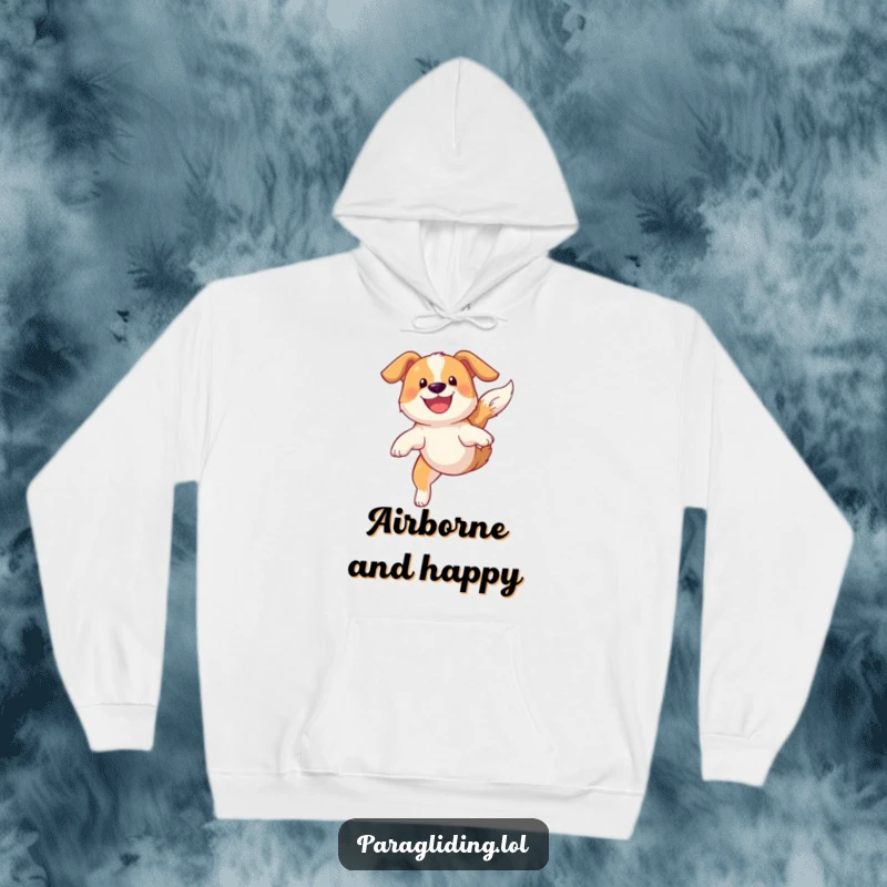 Funny hoodie featuring a grinning dog soaring gracefully through the sky, offering cozy and adventurous vibes.