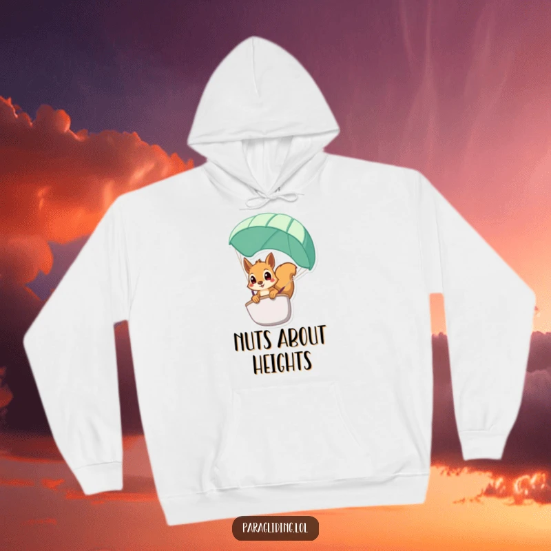 Funny squirrel hoodie, a warm garment featuring a squirrel peeking from a paraglider, ideal for cozy surprises.