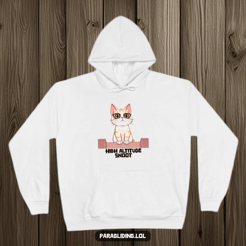 Funny hoodie with a curious cat perched high above, watching the world go by, offering cozy warmth.