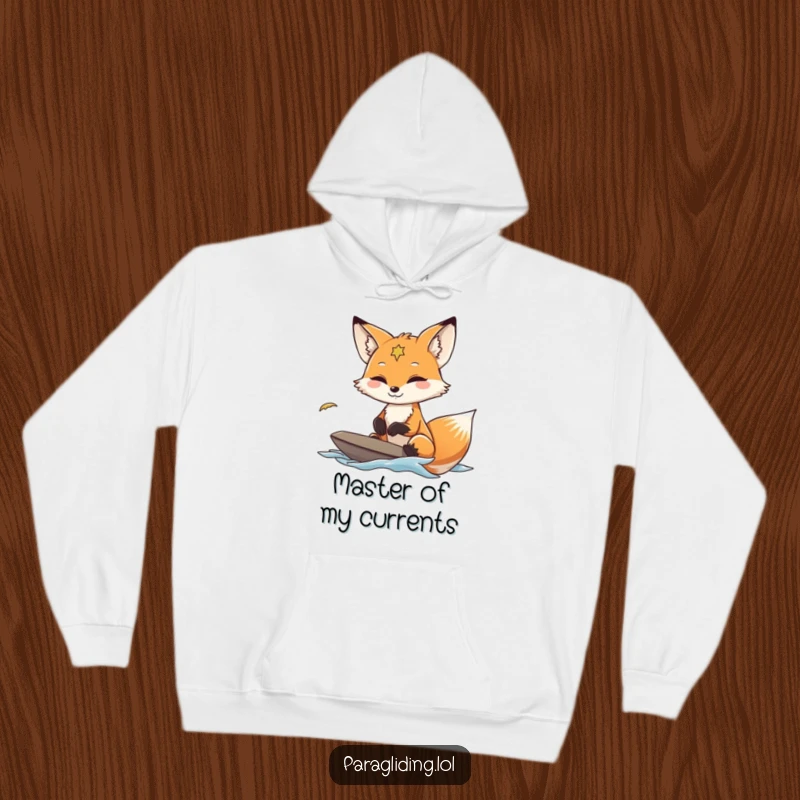 Funny Fox Paraglider Hoodie showing a fox with a calm smile navigating wind currents during flight, perfect for cozy adventures.