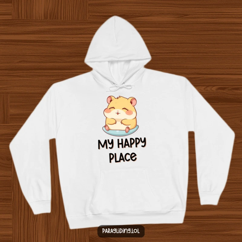 Funny hoodie with a hamster gliding peacefully with eyes closed, offering warmth and hilarious, serene comfort.