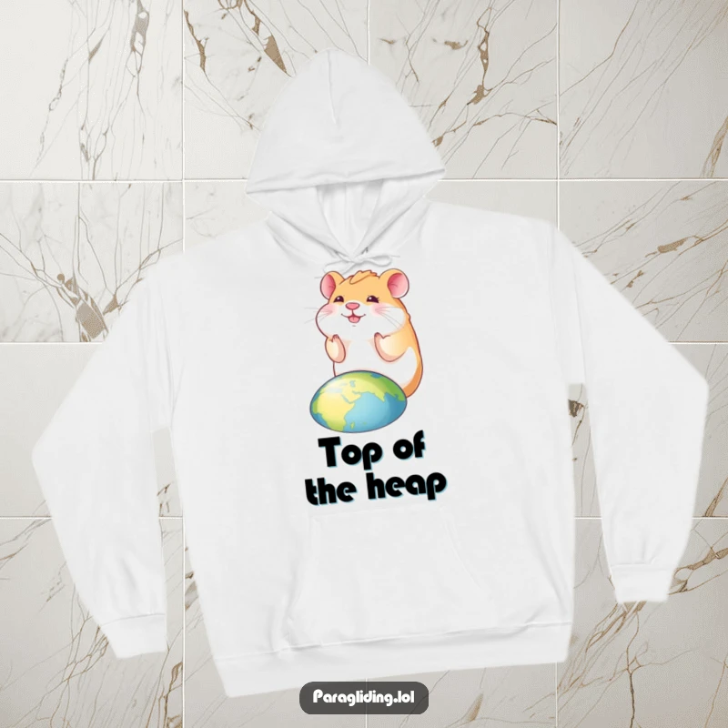 Funny hamster hoodie featuring a smiling hamster looking down at the world, providing cozy warmth and humorous charm.
